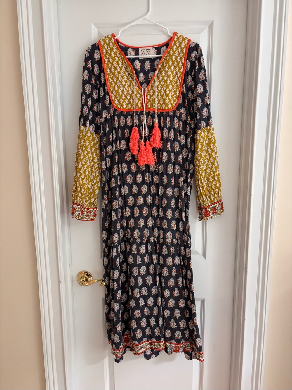 Boho Printed Maxi Dress with Mustard Yoke and Coral Tassels